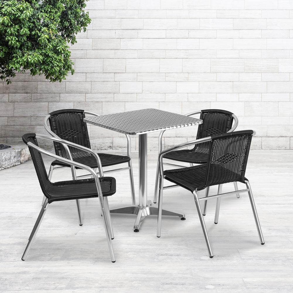 23.5'' Square Aluminum Indoor-Outdoor Table Set with 4 Black Rattan Chairs. Picture 4