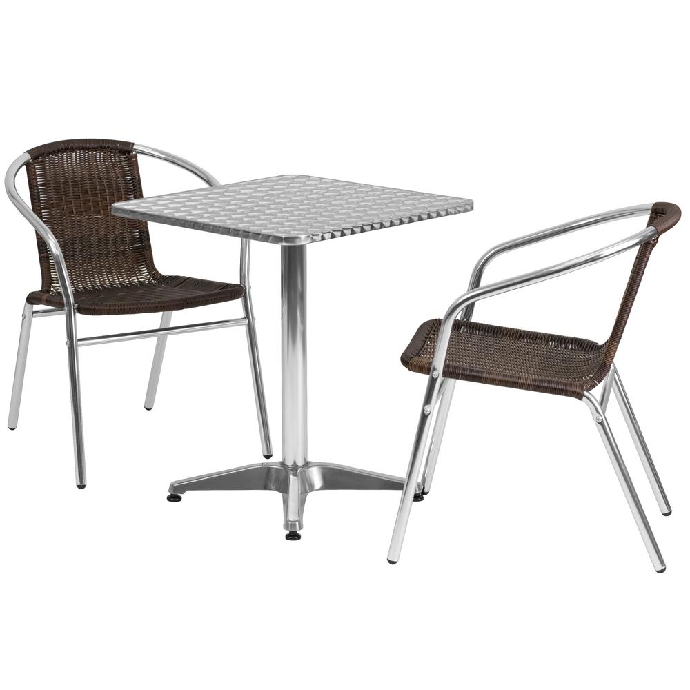 23.5'' Square Aluminum Indoor-Outdoor Table Set with 2 Dark Brown Rattan Chairs. Picture 1