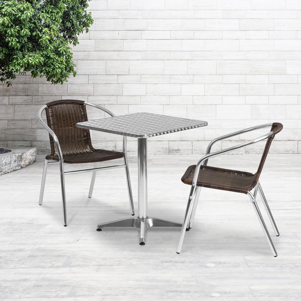 23.5'' Square Aluminum Indoor-Outdoor Table Set with 2 Dark Brown Rattan Chairs. Picture 4