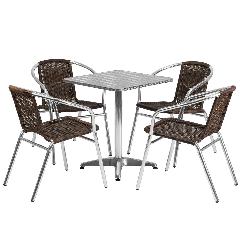 23.5'' Square Aluminum Indoor-Outdoor Table Set with 4 Dark Brown Rattan Chairs. Picture 2