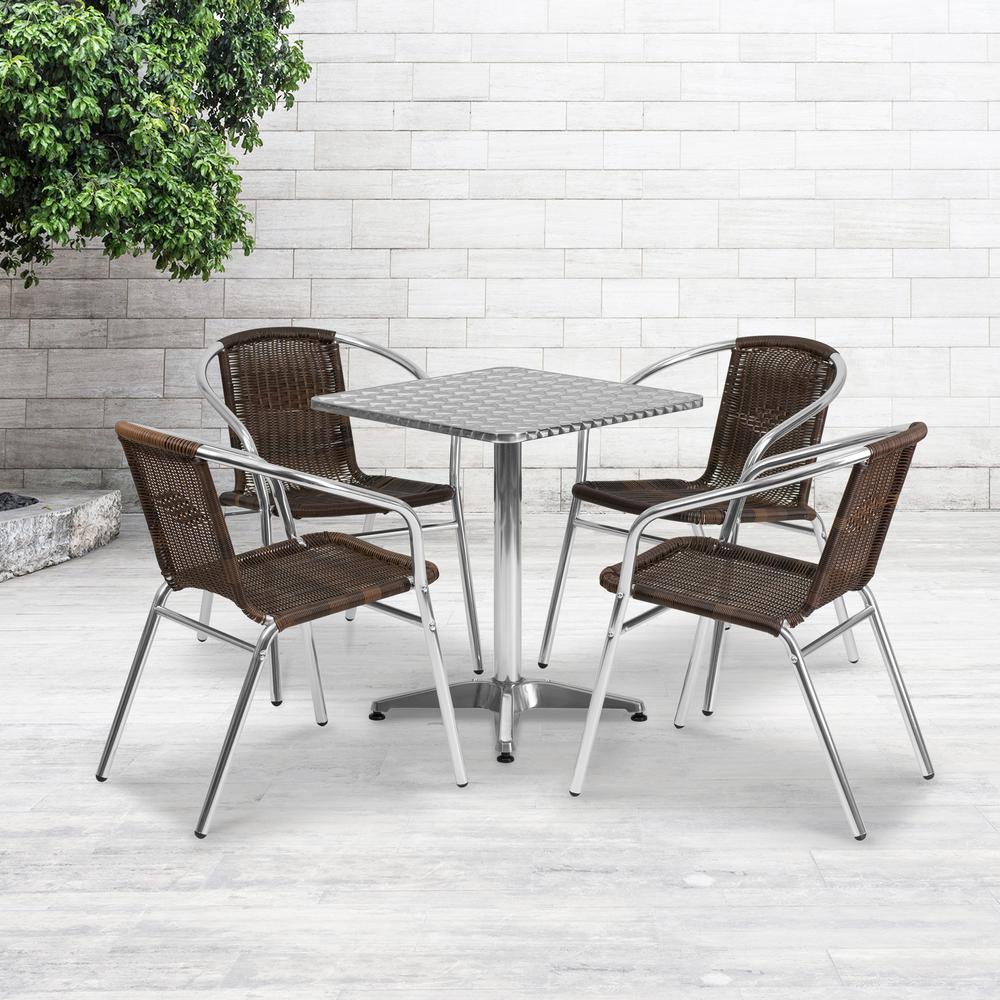 23.5'' Square Aluminum Indoor-Outdoor Table Set with 4 Dark Brown Rattan Chairs. Picture 1