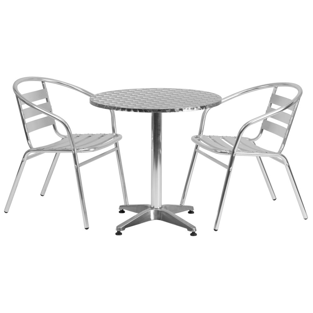 27.5'' Round Aluminum Indoor-Outdoor Table Set with 2 Slat Back Chairs. Picture 1
