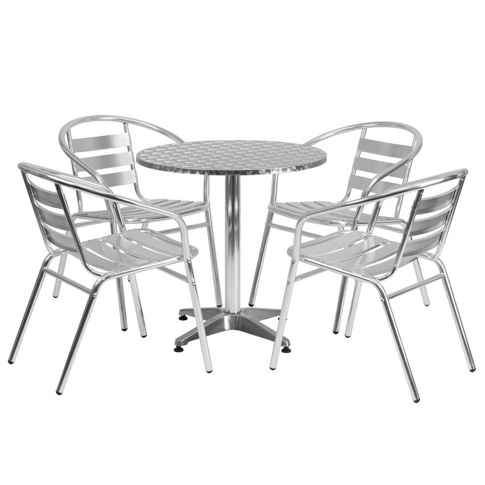 27.5'' Round Aluminum Indoor-Outdoor Table Set with 4 Slat Back Chairs. Picture 1