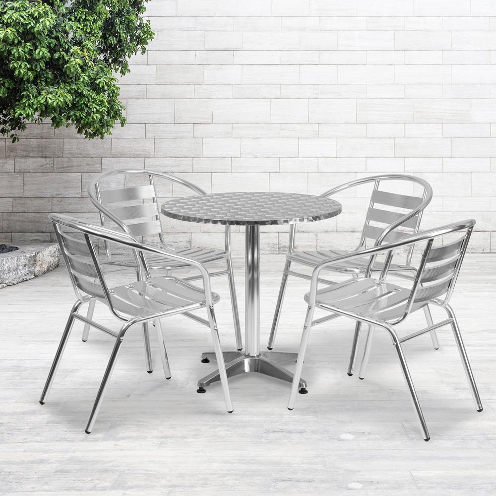 27.5'' Round Aluminum Indoor-Outdoor Table Set with 4 Slat Back Chairs. Picture 4