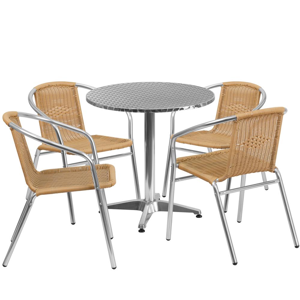 27.5'' Round Aluminum Indoor-Outdoor Table Set with 4 Beige Rattan Chairs. Picture 2
