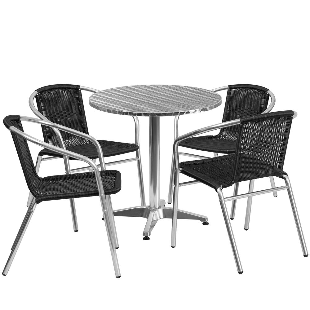 27.5'' Round Aluminum Indoor-Outdoor Table Set with 4 Black Rattan Chairs. Picture 2