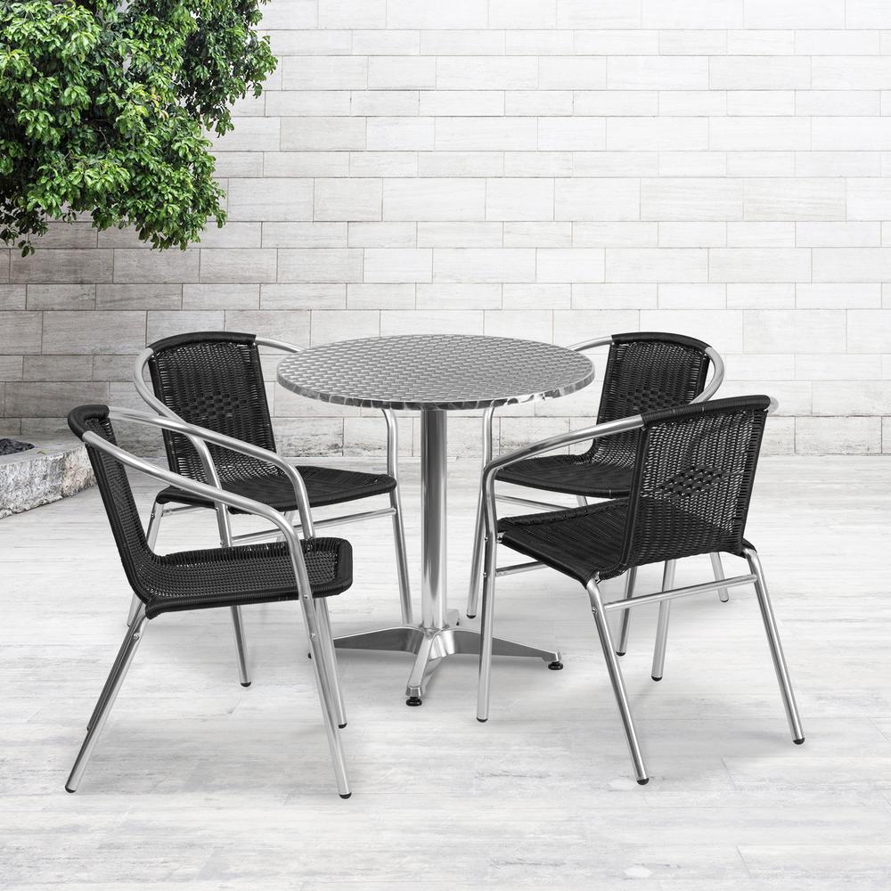27.5'' Round Aluminum Indoor-Outdoor Table Set with 4 Black Rattan Chairs. Picture 1