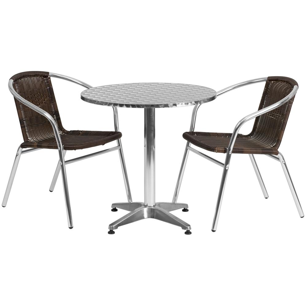 27.5'' Round Aluminum Indoor-Outdoor Table Set with 2 Dark Brown Rattan Chairs. Picture 1
