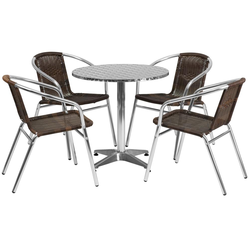 27.5'' Round Aluminum Indoor-Outdoor Table Set with 4 Dark Brown Rattan Chairs. Picture 2