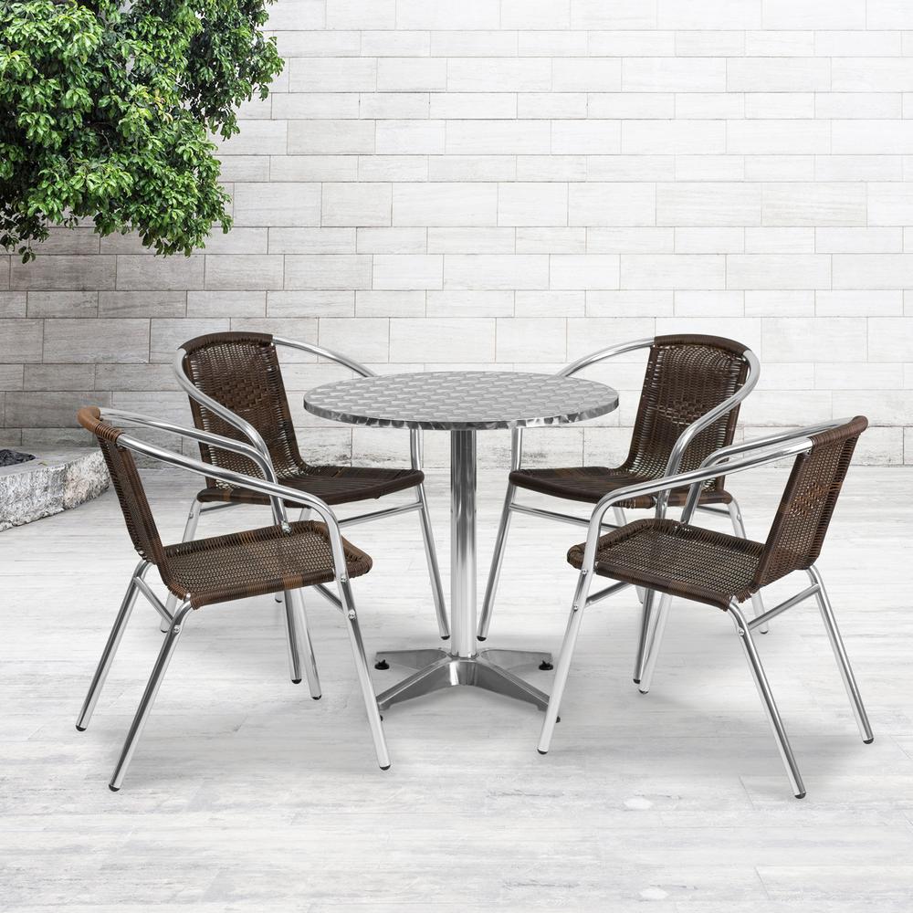 27.5'' Round Aluminum Indoor-Outdoor Table Set with 4 Dark Brown Rattan Chairs. Picture 1