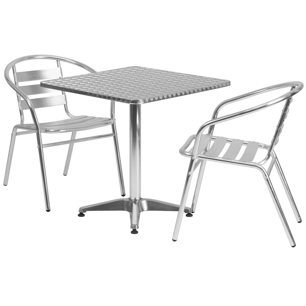 27.5'' Square Aluminum Indoor-Outdoor Table Set with 2 Slat Back Chairs. Picture 1