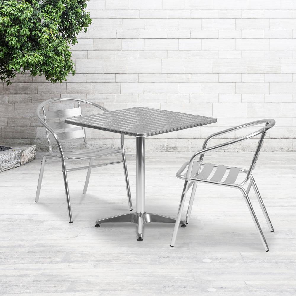 27.5'' Square Aluminum Indoor-Outdoor Table Set with 2 Slat Back Chairs. Picture 4