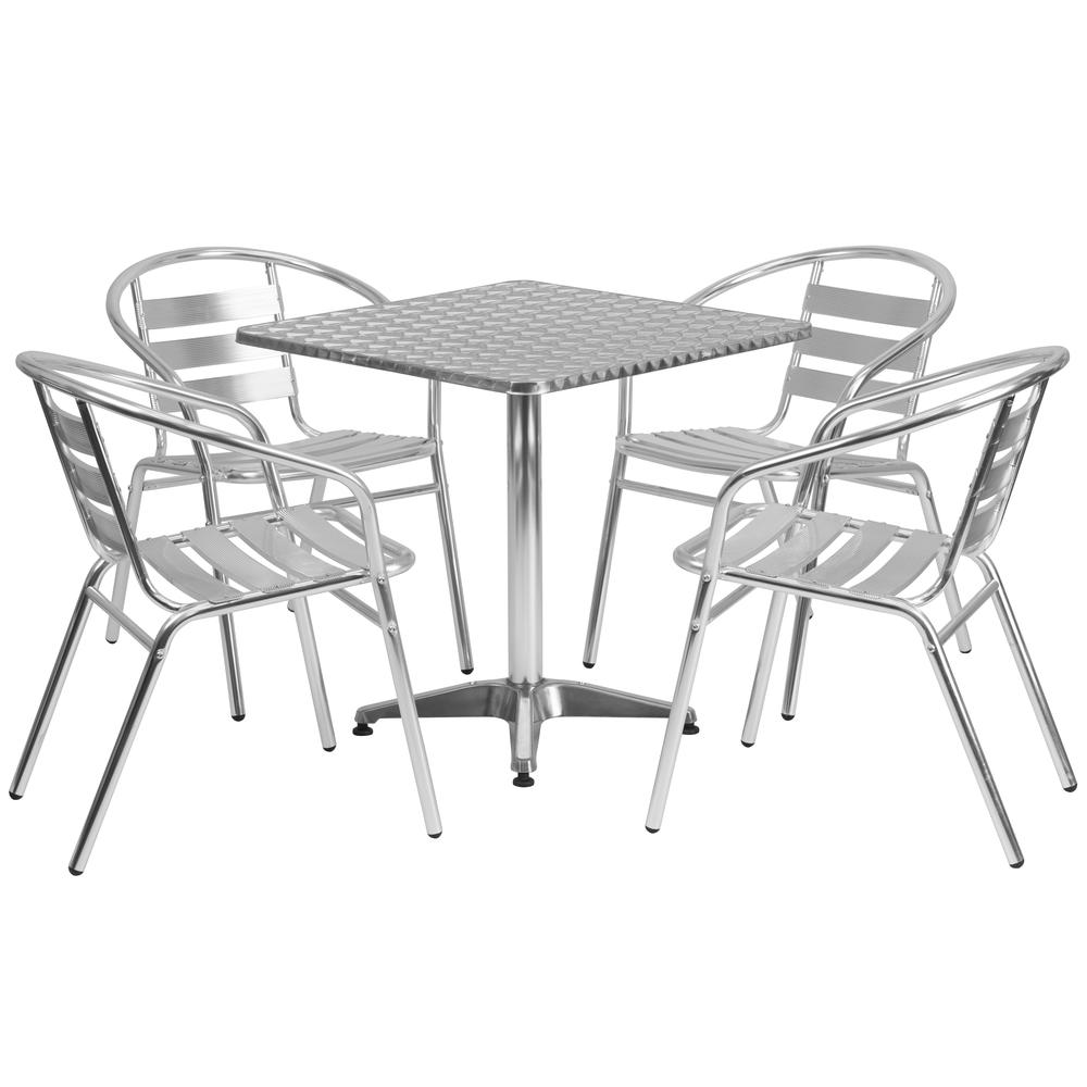 27.5'' Square Aluminum Indoor-Outdoor Table Set with 4 Slat Back Chairs. Picture 2