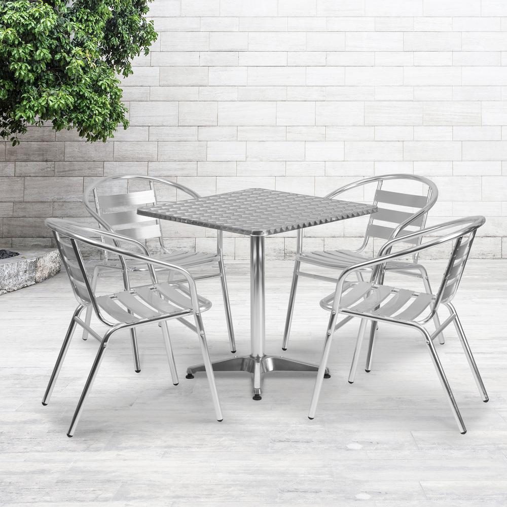 27.5'' Square Aluminum Indoor-Outdoor Table Set with 4 Slat Back Chairs. Picture 7