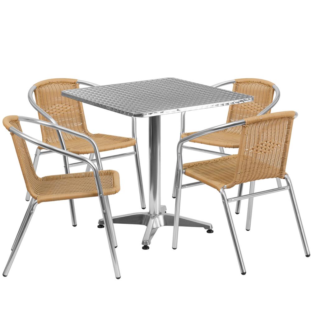 27.5'' Square Aluminum Indoor-Outdoor Table Set with 4 Beige Rattan Chairs. Picture 1