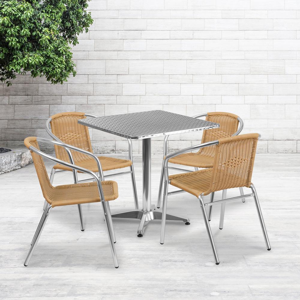 27.5'' Square Aluminum Indoor-Outdoor Table Set with 4 Beige Rattan Chairs. Picture 4