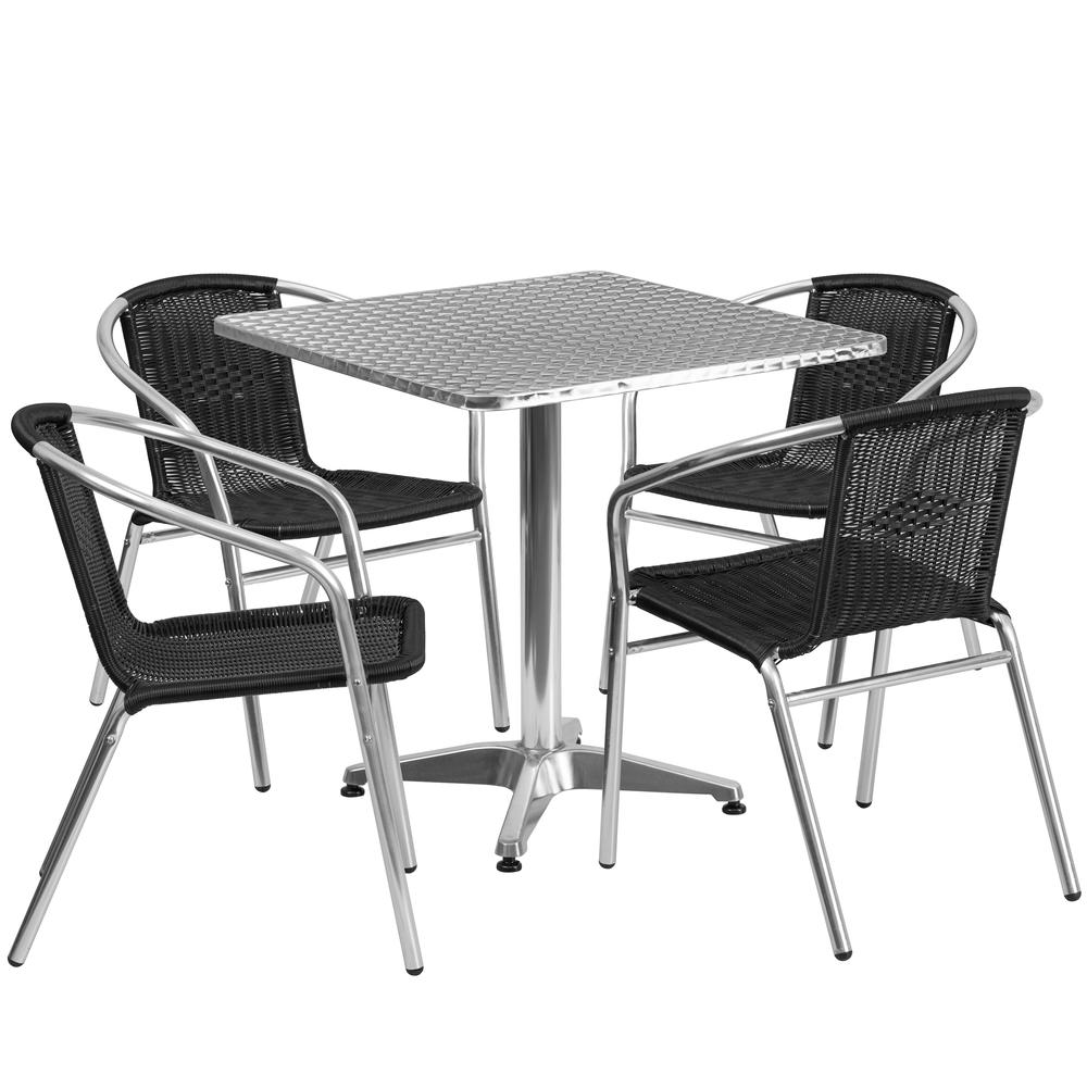 27.5'' Square Aluminum Indoor-Outdoor Table Set with 4 Black Rattan Chairs. The main picture.