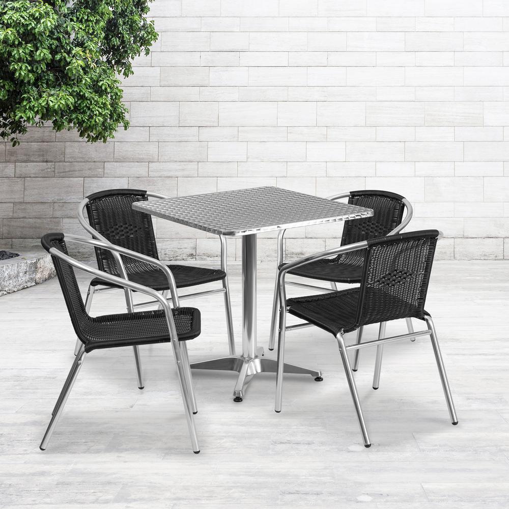 27.5'' Square Aluminum Indoor-Outdoor Table Set with 4 Black Rattan Chairs. Picture 4