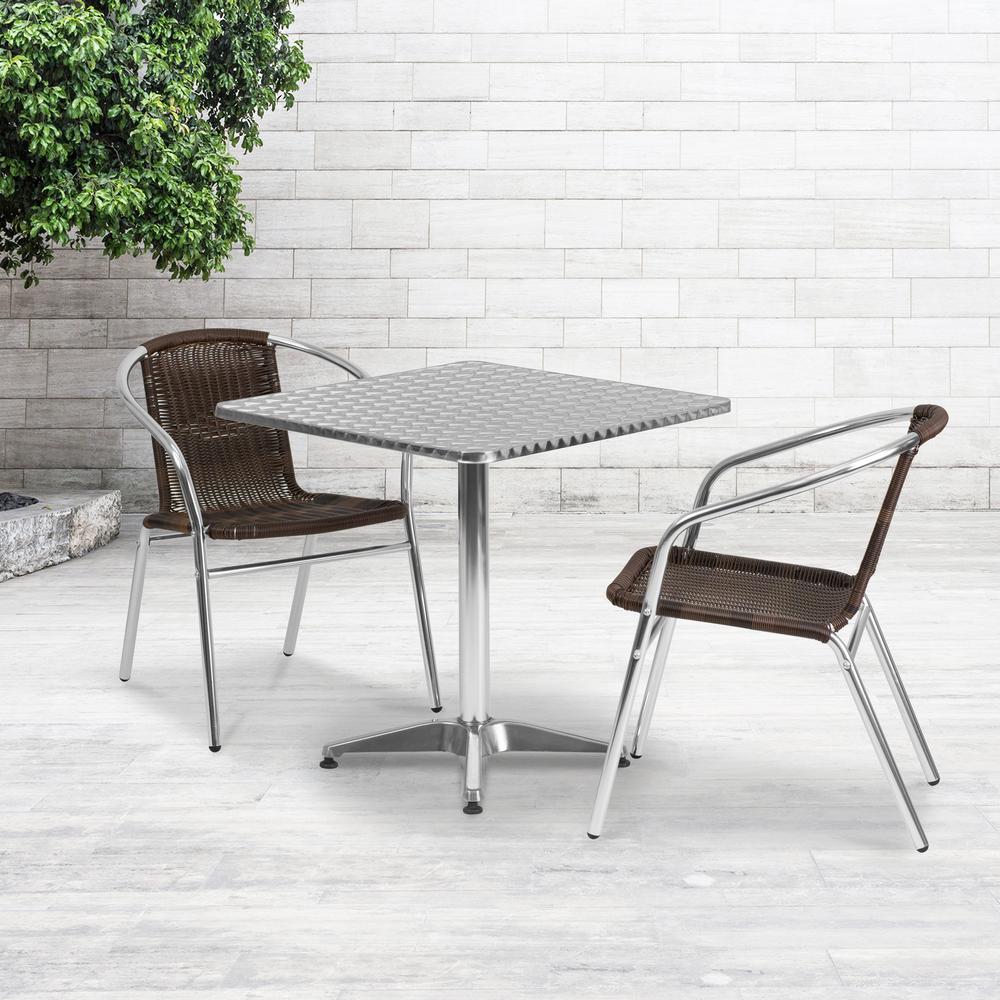 27.5'' Square Aluminum Indoor-Outdoor Table Set with 2 Dark Brown Rattan Chairs. Picture 4