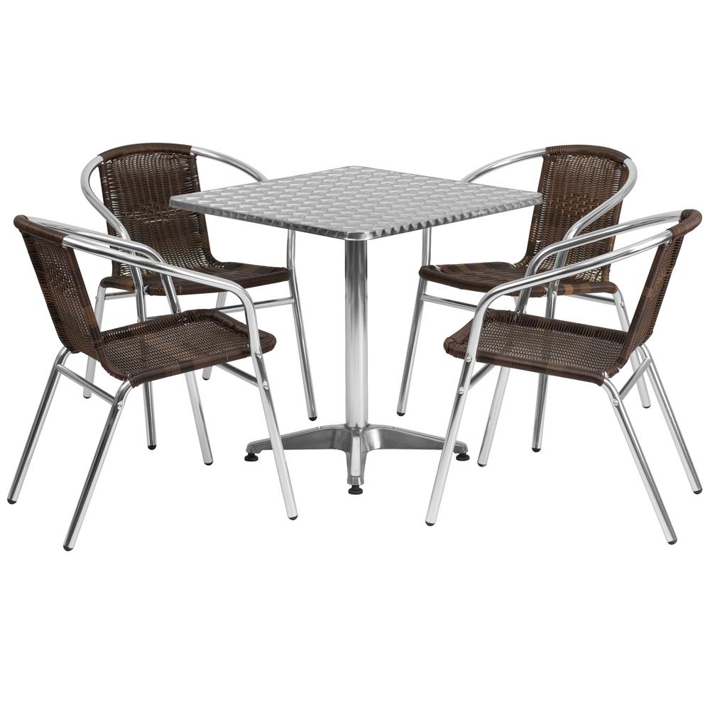 27.5'' Square Aluminum Indoor-Outdoor Table Set with 4 Dark Brown Rattan Chairs. Picture 2