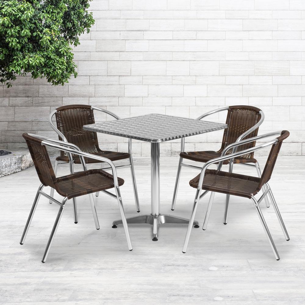 27.5'' Square Aluminum Indoor-Outdoor Table Set with 4 Dark Brown Rattan Chairs. Picture 1