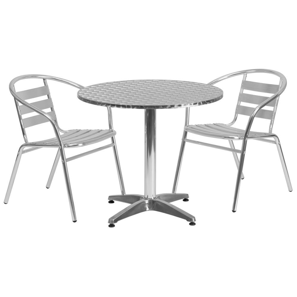 31.5'' Round Aluminum Indoor-Outdoor Table Set with 2 Slat Back Chairs. Picture 1