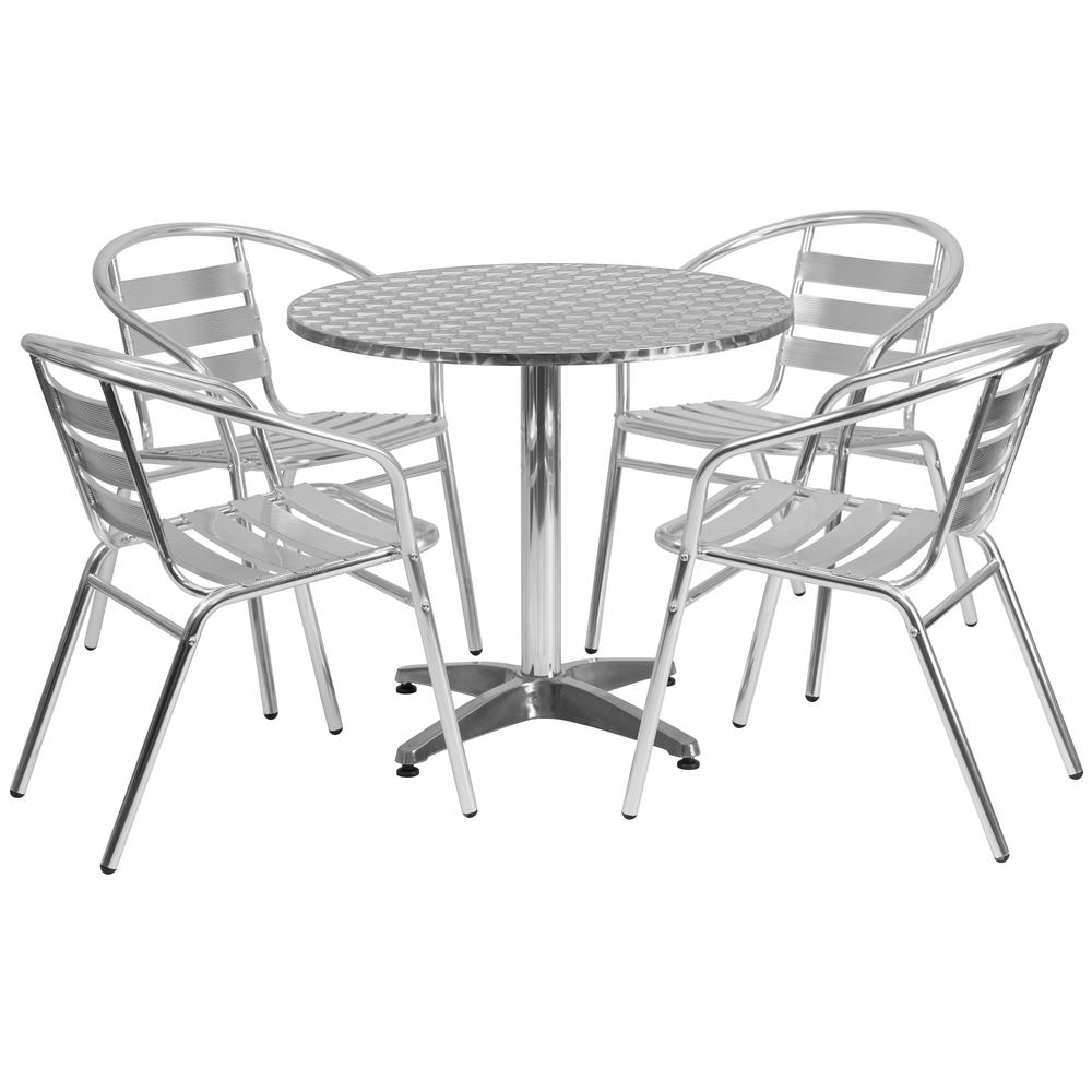 31.5'' Round Aluminum Indoor-Outdoor Table Set with 4 Slat Back Chairs. Picture 2
