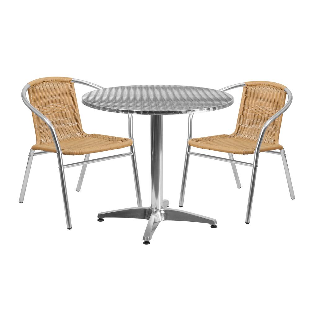31.5'' Round Aluminum Indoor-Outdoor Table Set with 2 Beige Rattan Chairs. Picture 1