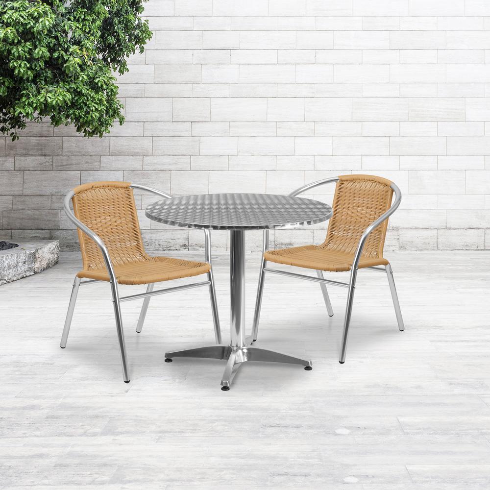 31.5'' Round Aluminum Indoor-Outdoor Table Set with 2 Beige Rattan Chairs. Picture 4
