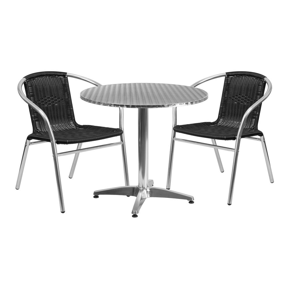 31.5'' Round Aluminum Indoor-Outdoor Table Set with 2 Black Rattan Chairs. The main picture.