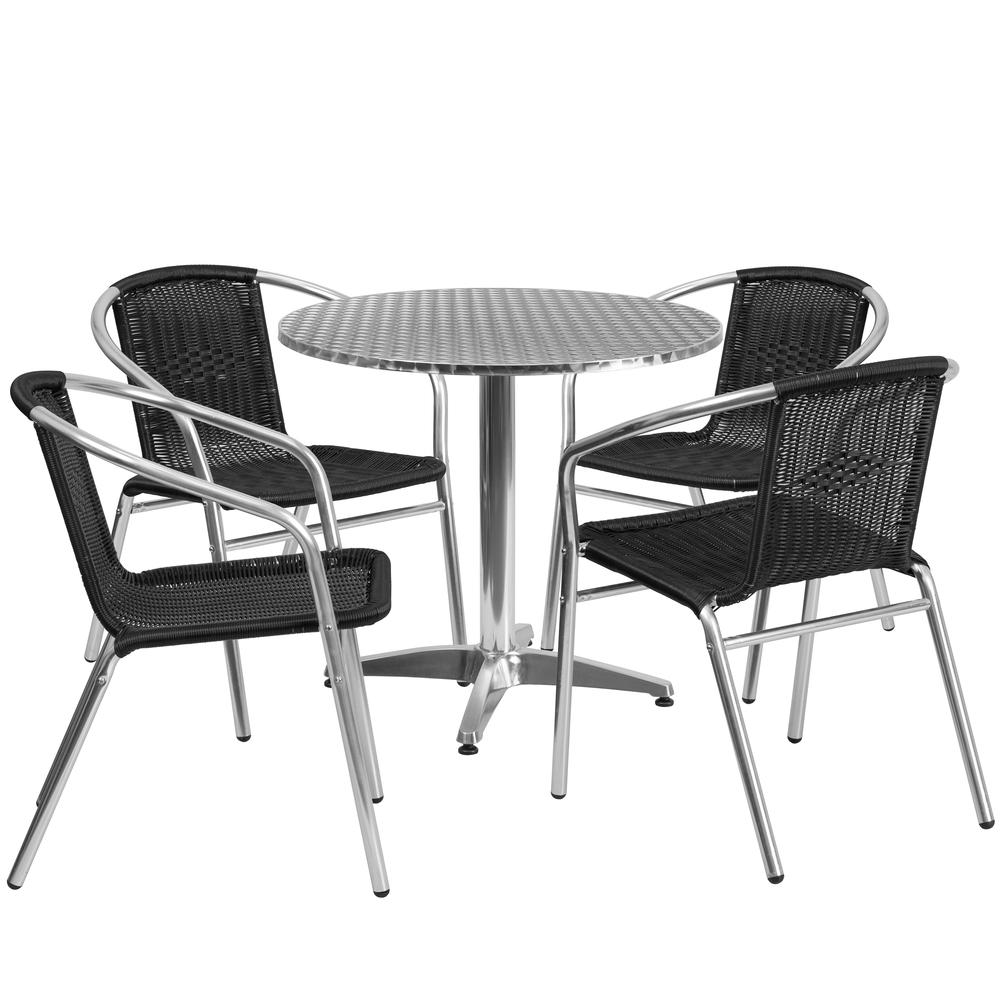 31.5'' Round Aluminum Indoor-Outdoor Table Set with 4 Black Rattan Chairs. Picture 2