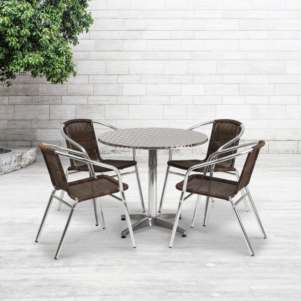 31.5'' Round Aluminum Indoor-Outdoor Table Set with 4 Dark Brown Rattan Chairs. Picture 4