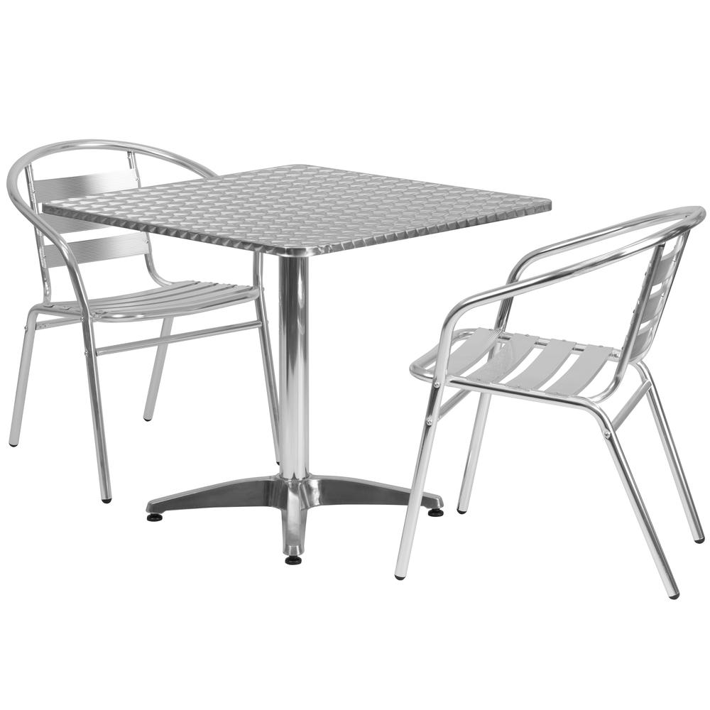 31.5'' Square Aluminum Indoor-Outdoor Table Set with 2 Slat Back Chairs. The main picture.