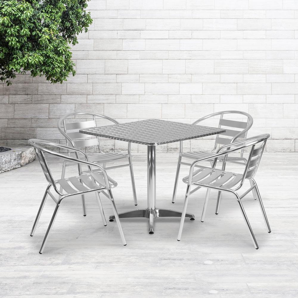 31.5'' Square Aluminum Indoor-Outdoor Table Set with 4 Slat Back Chairs. The main picture.