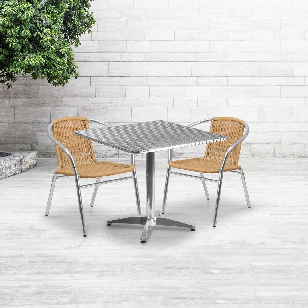 31.5'' Square Aluminum Indoor-Outdoor Table Set with 2 Beige Rattan Chairs. Picture 1