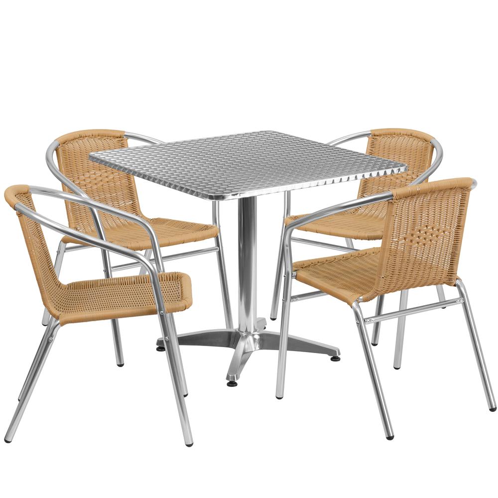 31.5'' Square Aluminum Indoor-Outdoor Table Set with 4 Beige Rattan Chairs. Picture 2