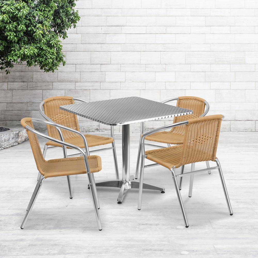 31.5'' Square Aluminum Indoor-Outdoor Table Set with 4 Beige Rattan Chairs. Picture 4