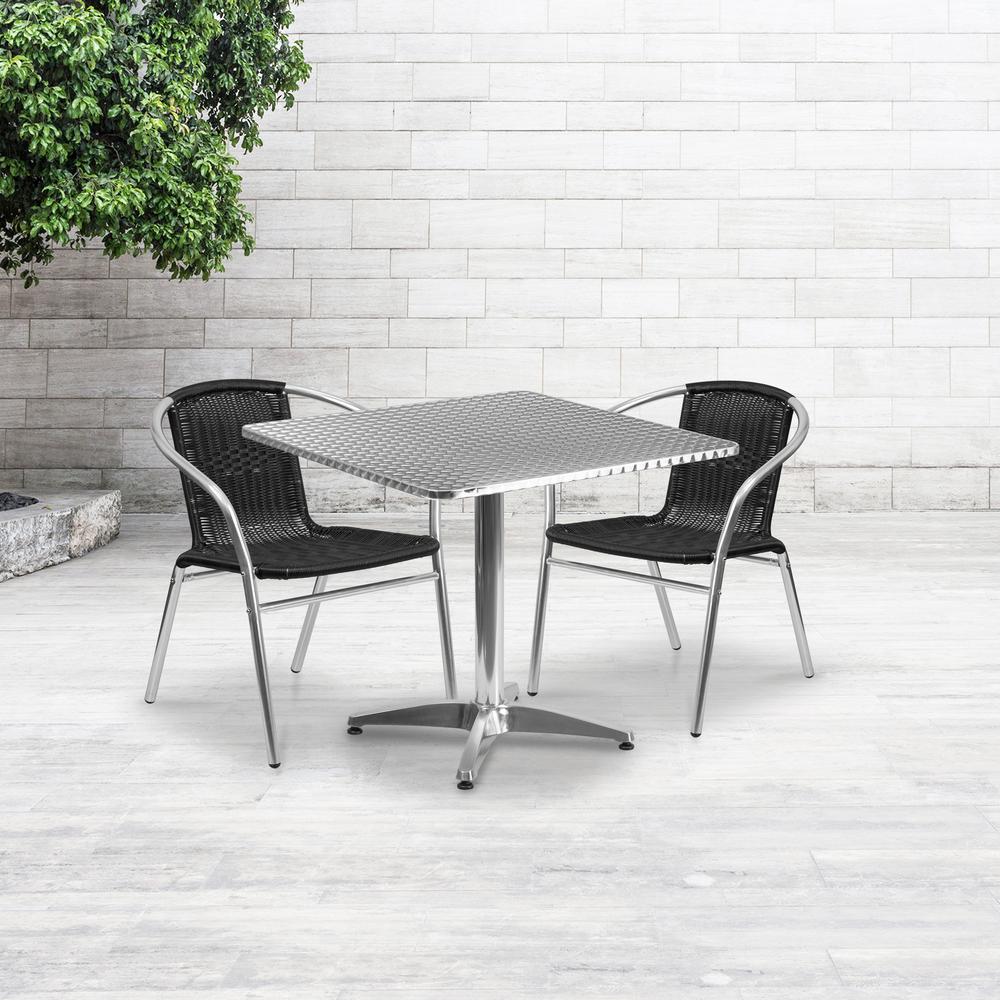 31.5'' Square Aluminum Indoor-Outdoor Table Set with 2 Black Rattan Chairs. Picture 1