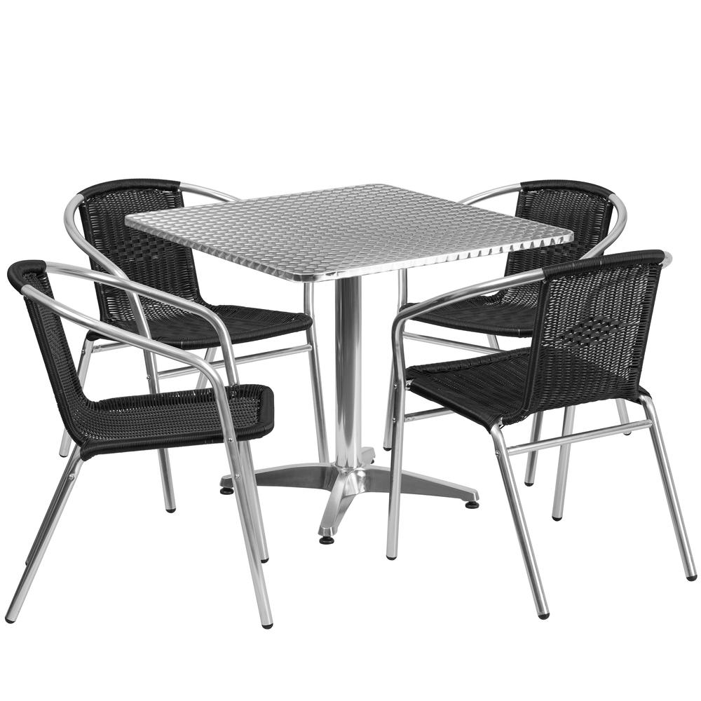 31.5'' Square Aluminum Indoor-Outdoor Table Set with 4 Black Rattan Chairs. Picture 2