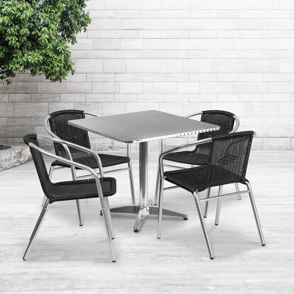31.5'' Square Aluminum Indoor-Outdoor Table Set with 4 Black Rattan Chairs. Picture 1