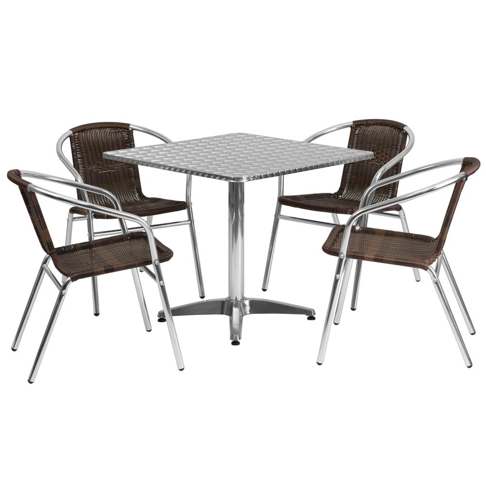 31.5'' Square Aluminum Indoor-Outdoor Table Set with 4 Dark Brown Rattan Chairs. Picture 1