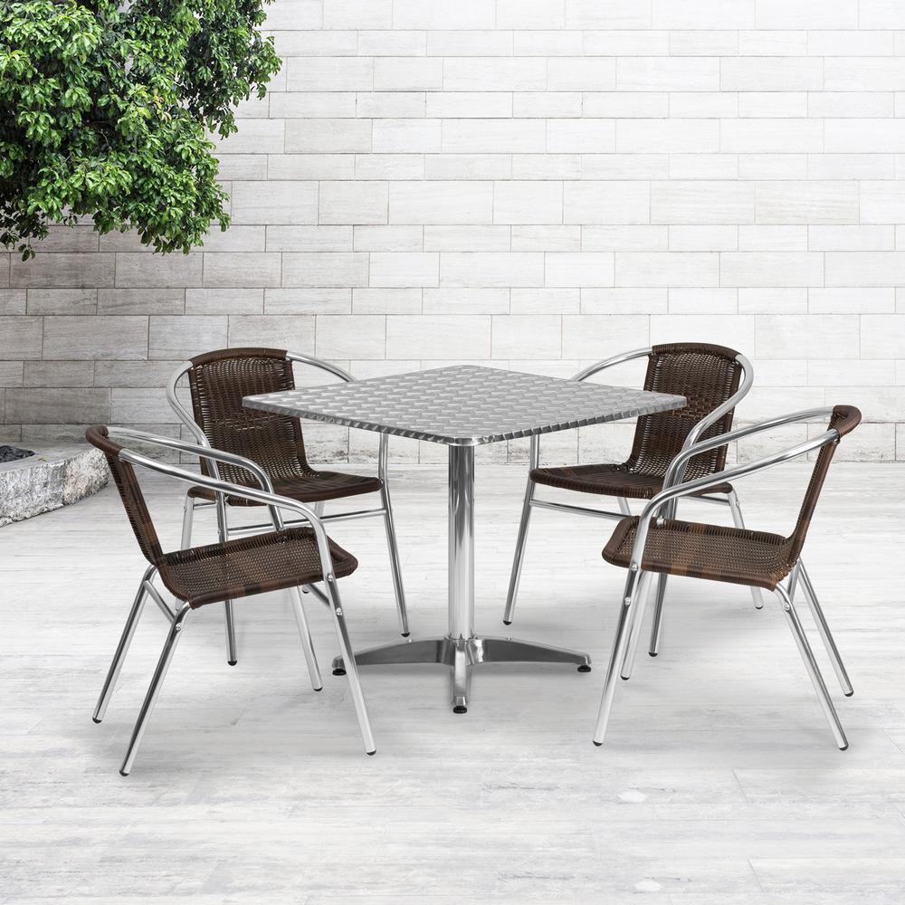 31.5'' Square Aluminum Indoor-Outdoor Table Set with 4 Dark Brown Rattan Chairs. Picture 4