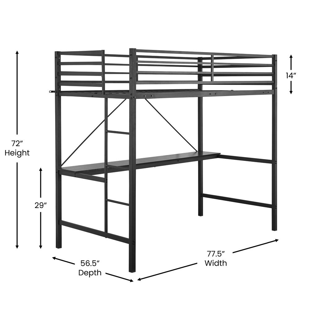 Twin Size Metal Loft Bed Frame with Built-In Desk. Picture 8
