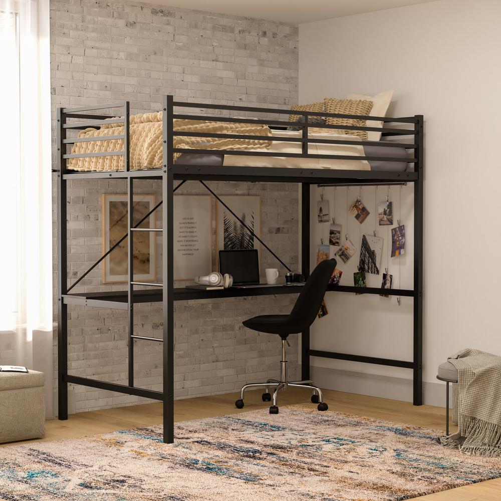 Twin Size Metal Loft Bed Frame with Built-In Desk. Picture 5