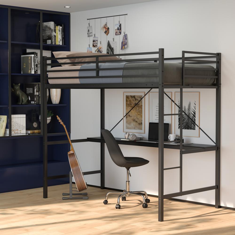 Twin Size Metal Loft Bed Frame with Built-In Desk. Picture 9