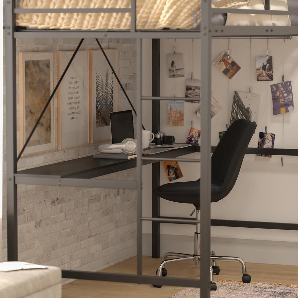 Twin Size Metal Loft Bed Frame with Built-In Desk. Picture 4