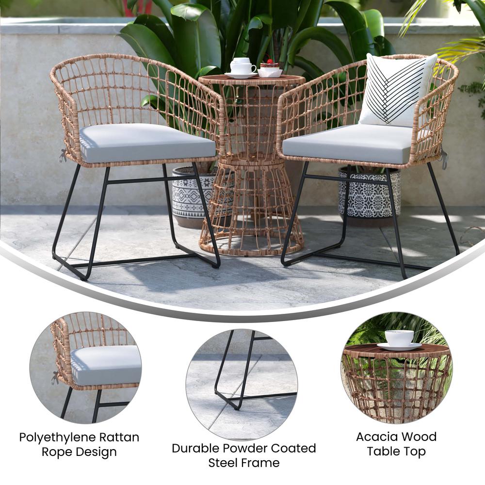 3-Piece Natural Patio Bistro Set, Rope Chairs, Light Gray Seat Cushions. Picture 4