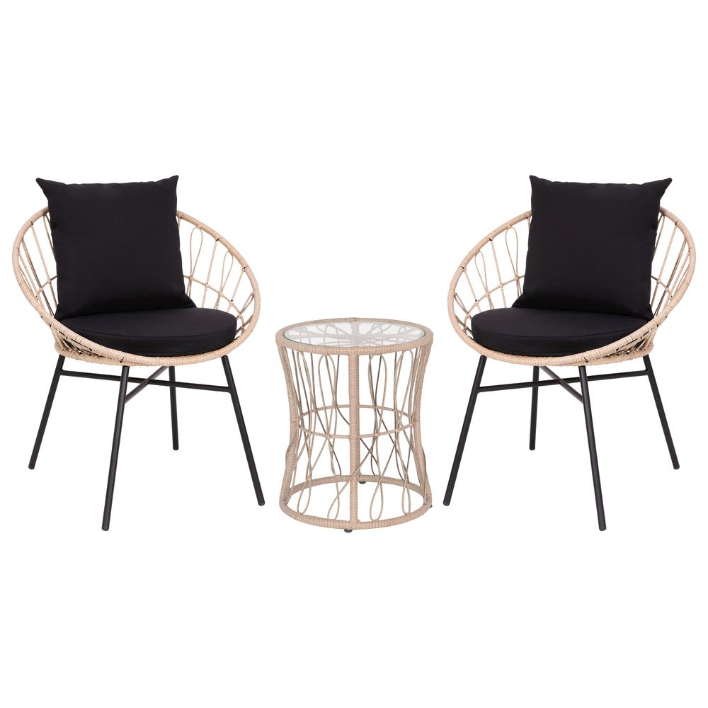 3-Piece Bistro Set, Papasan Rope Chairs, Glass Top Side Table, Black Cushions. Picture 2