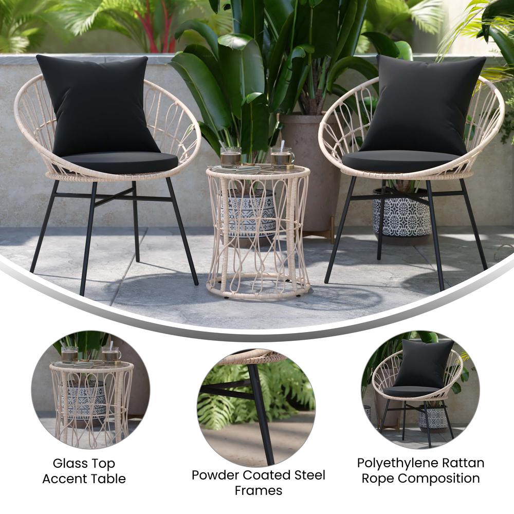3-Piece Bistro Set, Papasan Rope Chairs, Glass Top Side Table, Black Cushions. Picture 4