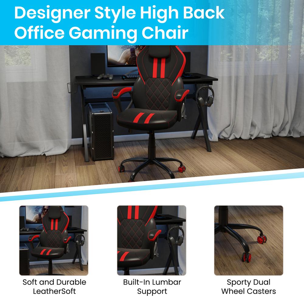 Ergonomic Office Computer Chair - Adjustable Black and Red Designer Gaming Chair - 360° Swivel - Red Dual Wheel Casters. Picture 4